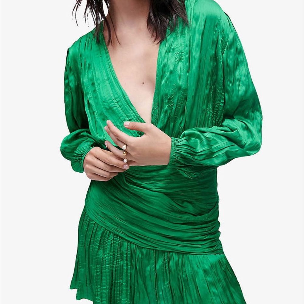 Maje Runnylona Ruched Long Sleeve Satin Mini Dress In Green